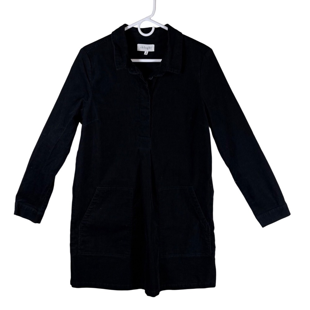 Thought Black Corduroy Button Front Long Sleeve Shirt Dress Size 14 Sustainable